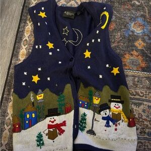 Navy Snowman and Stars Knit Vest. Vintage. Petites medium